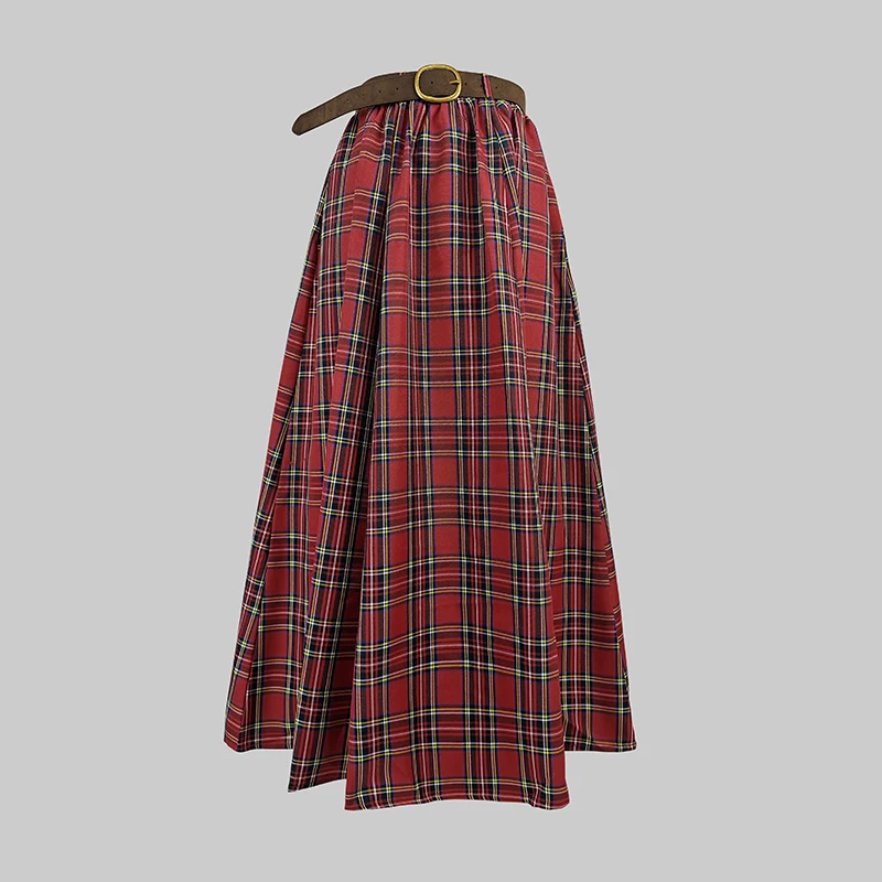 Tinaa A-line Red Plaid Skirts for Women 2026 Spring Summer Retro Christmas Dance Party Elegant Lined Long Skirt with Belt 195448 - Image 3