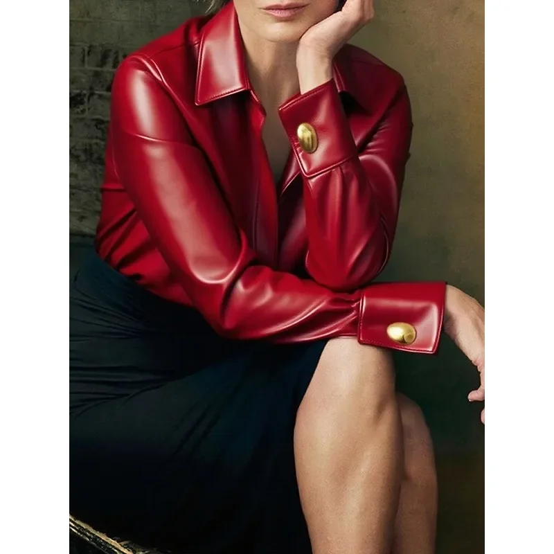 Tinna Vintage Modern Red Leather Shirts Woman 2025 Pu Long Sleeve Turn Down Collar Single Breasted Shirts&blouses 188767 - Image 2