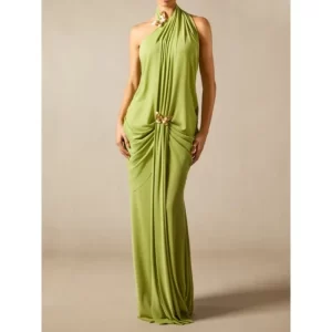 Tinaa Green Halter-Neck Summer Dress 2026 New Sexy Backless Pleated Metallic Bow Female Elegant Holiday Beach Dresses 196172