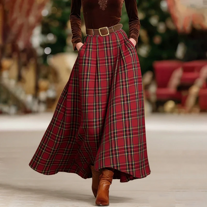 Tinaa A-line Red Plaid Skirts for Women 2026 Spring Summer Retro Christmas Dance Party Elegant Lined Long Skirt with Belt 195448