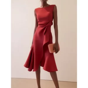 Tinaa Red Sleeve Dress Female 2026 Spring Summer Women Slim Waist Knot Front Ruffle Detail Cocktail Mermaid Dresses 196969