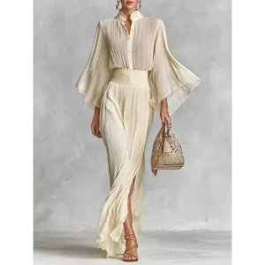 Tinaa Apricot Women's Suit 2026 Spring New Ruffles Neck Flare Sleeve Tops High Waist Folds Slit Mermaid Skirt Sets 196198