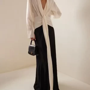 Tinaa 2025 Spring Summer Women Fashion Vintage Deep V-Neck Pleated Party Evening Dresses Long Sleeves Floor Length Party Dress