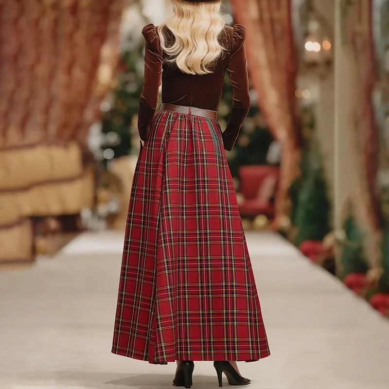 Tinaa A-line Red Plaid Skirts for Women 2026 Spring Summer Retro Christmas Dance Party Elegant Lined Long Skirt with Belt 195448 - Image 2