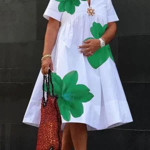 Tinaa Plus Size Dress for Women 2025 Summer Flower Print Casual V-Neck Short Sleeve Knee Length Dresses fit Beach Party Home