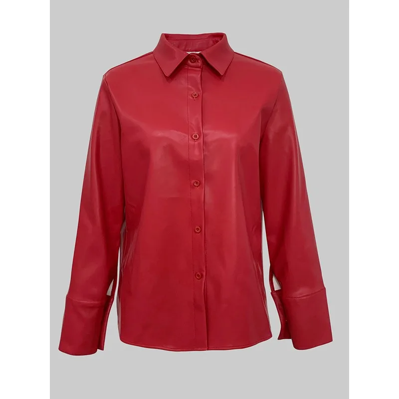 Tinna Vintage Modern Red Leather Shirts Woman 2025 Pu Long Sleeve Turn Down Collar Single Breasted Shirts&blouses 188767 - Image 4